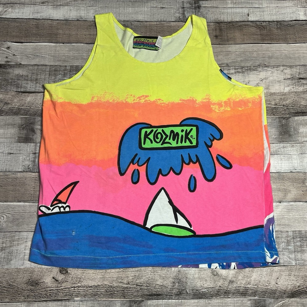 Kozmik Tank Top Adult XL Neon Vintage 80s Surf Tee Sleeveless Sail Boats Ocean